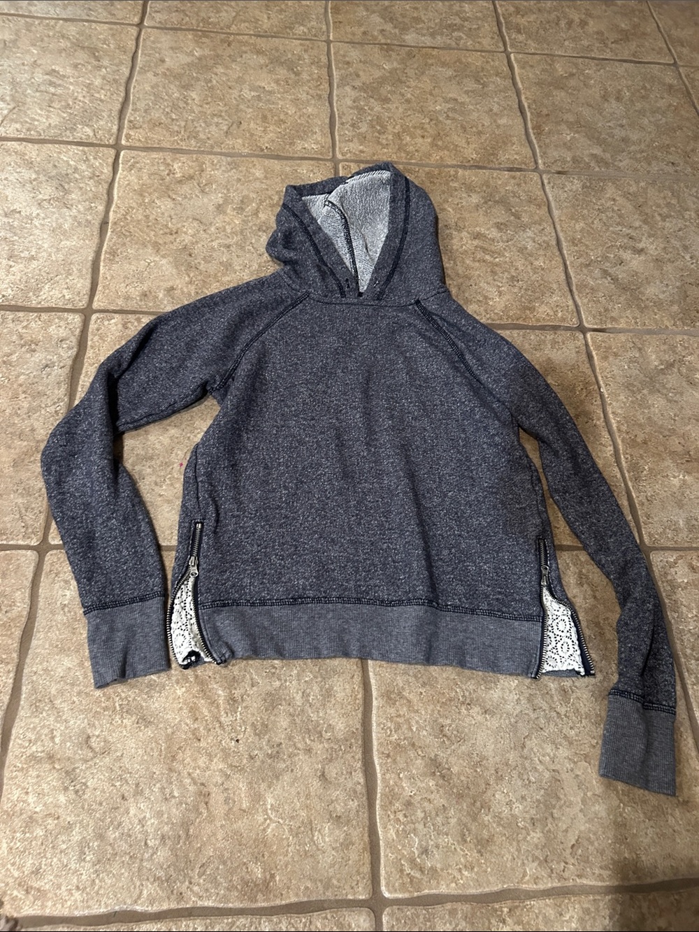 aerie dark gray hooded pullover with patterned side zips